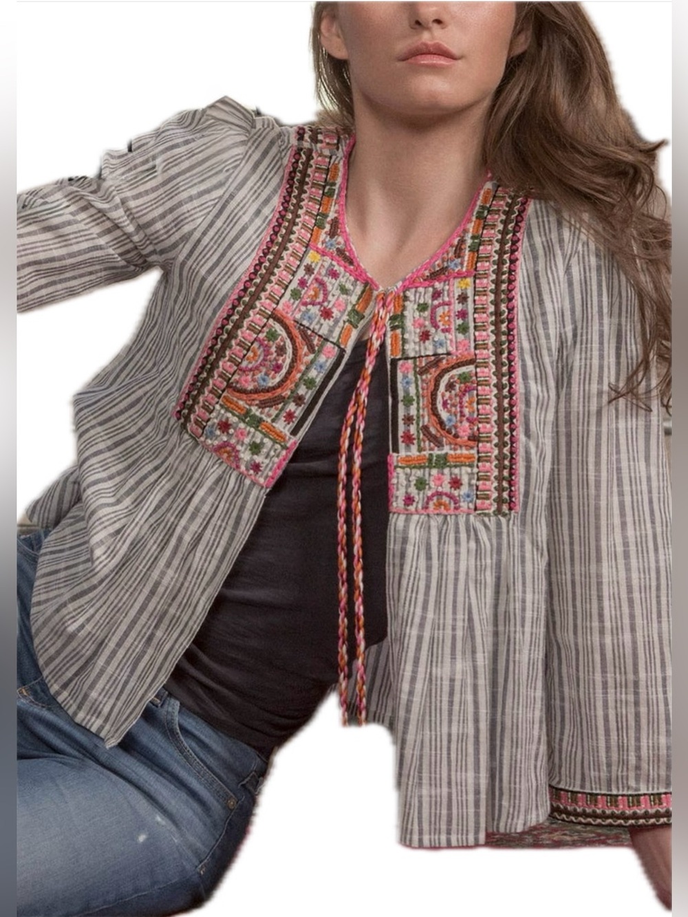 Velvet by Graham & Spencer Striped Embroidered Open-Front Top Small - Picture 3 of 11